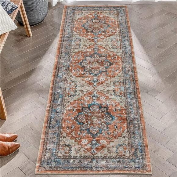 Boho Non Slip Hallway Runner Rug Faux Wool Soft Fuzzy Washable Low-Pile Carpet - Picture 4 of 7